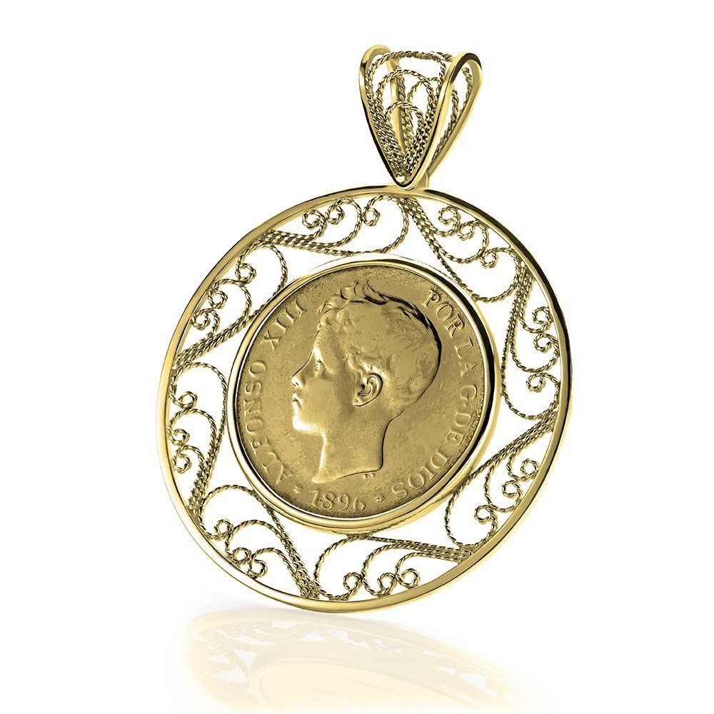 Colgante Filigrana artesanal con moneda Alfonso XIII de 5 pesetas. Colgante Filigrana artesanal con moneda Alfonso XIII de 5 pesetas.