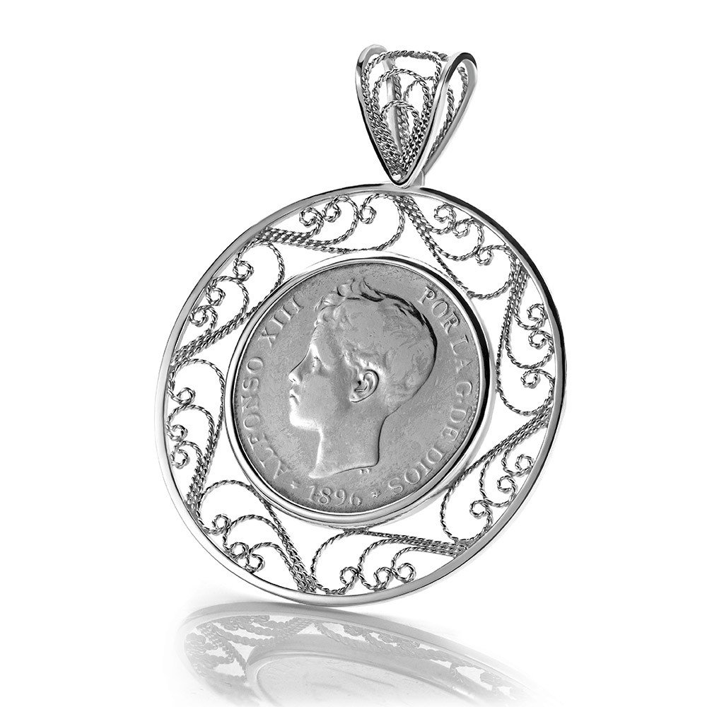 Colgante Filigrana artesanal con moneda Alfonso XIII de 5 pesetas.