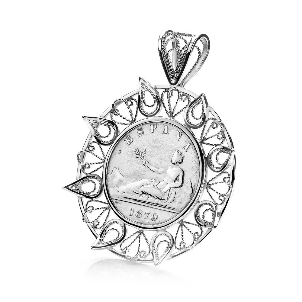 Colgante Filigrana artesanal con moneda Española de 5 pesetas. Colgante Filigrana artesanal con moneda Española de 5 pesetas.