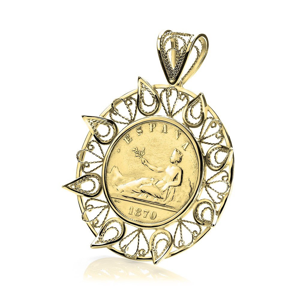 Colgante Filigrana artesanal con moneda Española de 5 pesetas. Colgante Filigrana artesanal con moneda Española de 5 pesetas.